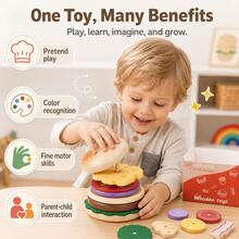 Wooden Educational Toy For Kids, Single Hamburger Set For Pretend Play, Interactive Wooden Toy For Parent-Child Interaction, Wooden Simulation Hamburger And Fries Combo Role Play Pretend Play Educational Toy - Multicolor - View 7