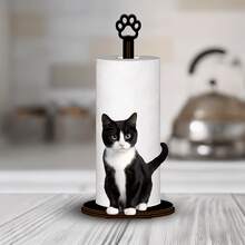 Soporte de papel de cocina de madera con diseño lindo de vaca y gato, diseño vertical estable para el hogar y la cocina, estilo de madera natural con alta estética, instalación sin taladro, soporte de almacenamiento de rollos de papel para decoración de la tienda, sin papel de cocina - Multicolor - Ver 4