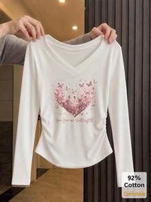 Women's Autumn/Winter Long Sleeve V-Neck T-Shirt, White Solid Color Versatile Slimming Inner Layer Base Top - White - View 1