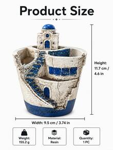 Blue & White Santorini House Staircase Design Resin Multi-Compartment Cracked Surface Succulent Cactus Planter, Indoor Desktop Windowsill Home Gardening Floral Container - Dome Castle Flower Pot - View 4