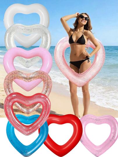 1pc Glitter Flower Inflatable Swim Ring/Pool Float, Available In Pink/Rose Gold Glitter/Silver Glitter, Suitable For Water Games And Pool Parties, Romantic Heart-Shaped Inflatable Pool Lounge Chair, Perfect For Summer Beach And Pool Parties, Couples Water Entertainment, Ideal Valentine's Day Gift, (Pump Sold Separately)