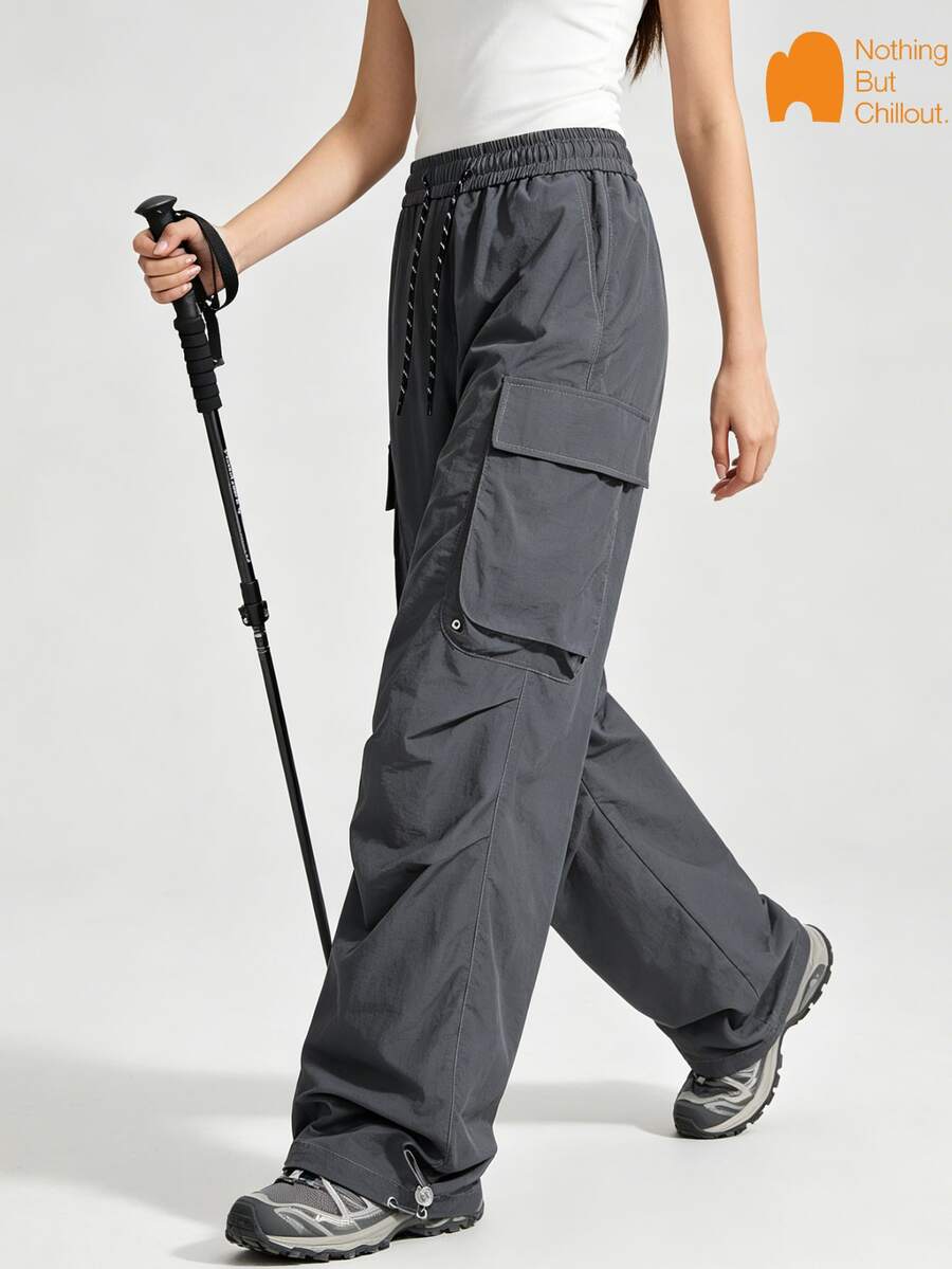 NBCT Women's Outdoor Cargo Wide Leg Pants, Elastic Drawstring High Waist Multi-Pocket Design With Adjustable Cuffs, Versatile Functional Straight Leg Hiking Pants For Climbing And Camping