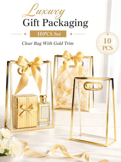 10set-Transparent Gift Bags With Gold Edge, Satin Bow And Raffia; Reusable Transparent PVC Tote Bags; Portable Handle Transparent Gift Bags; Back To School Bags, Classroom Reward Packaging Bags, Perfect For Weddings, Bridal Showers, Birthday Gifts, Baby Showers And Luxury Gift Packaging; Candy, Chocolate Gift Packaging; Gift Packaging, Wedding Favors, Also Suitable For Floral Display In Boutiques (Multiple Colors Available)