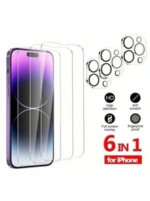 6合1螢幕保護貼，包含3片鋼化玻璃螢幕保護貼與3片相機保護貼，相容 iPhone 17 Pro Max/17 Pro/17/17 Air/16 Pro Max/16/16 Plus/15 Pro Max/15/14/13/12/11 及其他機型，防刮耐磨、HD 高清、相容手機殼 - 無色 - 查看 17