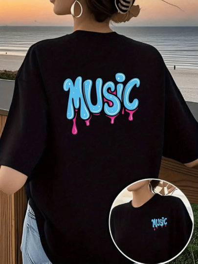 Women'S Music-Themed Graffiti Print T-Shirt - Black Casual Short Sleeve Crew Neck, Double-Sided Design With Colorful Lettering & Dripping Paint Effect