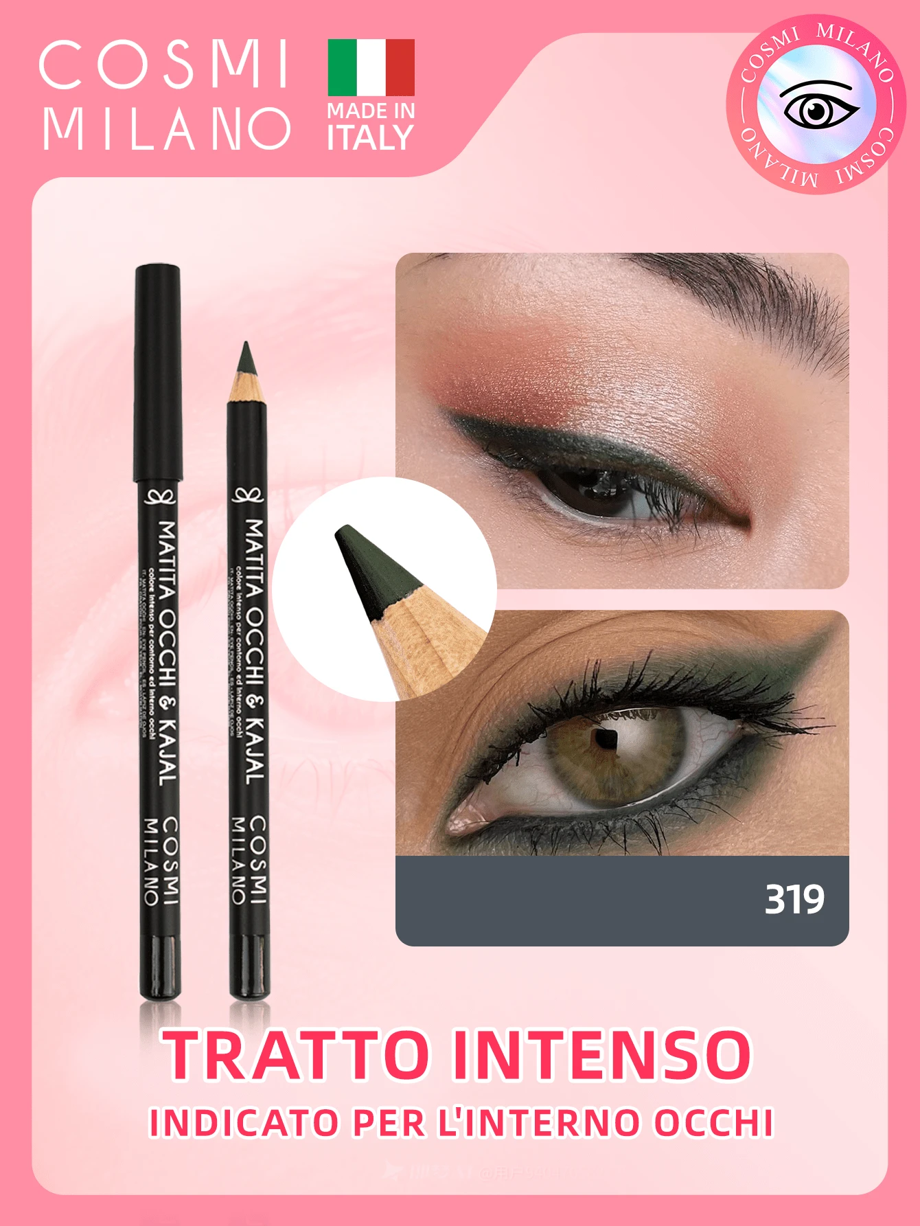 COSMI MILANO Multicolored Kajal Eye Pencil  Made In Italy, Creamy Smooth Texture, High Pigmentation, Suitable For Y2k Contouring Natural And Dramatic Effect, Must-Have Essential Make Up Makeup Unmissable Summer Makeup, Perfect For Parties, Meetings, Beach Travel - VERDE MILITARE 319 - View 1