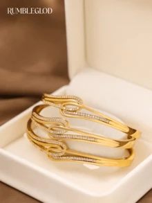1/3pcs Fashion Classic Shiny Geometric Line Cubic Zirconia Decor Gold Women's Bracelet, 60mm Diameter, Openable, Suitable For Women's Daily Wear, No Packaging Box - Gold - View 1
