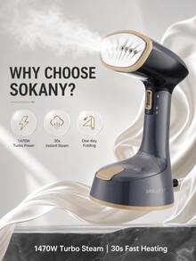 SOKANY Máy bàn là hơi nước cầm tay di động & bàn là hơi nước, công suất 1500W, thiết kế gấp gọn cầm tay, làm nóng nhanh 30 giây, bình chứa nước tháo rời 120ml, 7 vòi phun hơi, ủi đa góc 360°, đế gốm, phích cắm UK dùng cho gia đình - màu đen - Xem 6