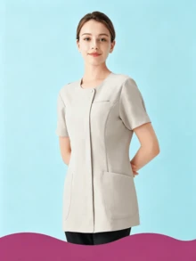 Solid Color Round Neck Short Sleeve T-Shirt, Women's Multi-Pocket Professional Fashion Commute Work Top, Beauty Salon Dental Clinic Uniform Fall - Apricot - View 3