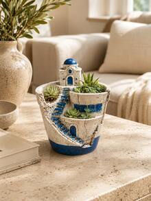 Blue & White Santorini House Staircase Design Resin Multi-Compartment Cracked Surface Succulent Cactus Planter, Indoor Desktop Windowsill Home Gardening Floral Container - Dome Castle Flower Pot - View 8