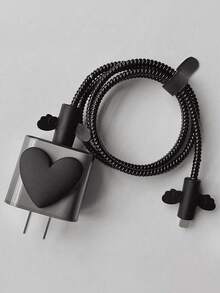 5pcs 3D Silver/Black Heart Design Charger Soft Shell Protective Case Suitable For IPhone 18/20W, Compatible With IPhone 16/16 Pro Max/15/14/13 Charger And Data Cable Protective Set - Transparent Black - View 6