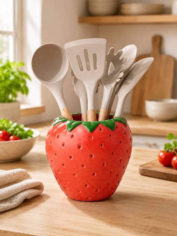 1pc Cute Strawberry Kitchen Utensil Storage Jar, Suitable For Kitchen Countertop, Farmhouse Style Kitchen Decor Storage, Used To Store Spoons, Spatulas And Other Cooking Tools, Modern Household Kitchen Accessory, Applicable For Home, Dining Room, Cafe, Durable Resin Material, Beautiful Countertop Storage Canister For Whisks, Spoons, Clips, Space-Saving Kitchen Organization Solution, Suitable For Small Kitchen Apartment Farmhouse Decor, Housewarming Gift