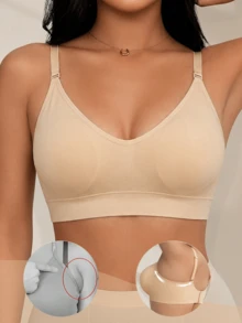 1件女款裸色羅紋無縫運動內衣，可調節細肩帶前後U領無鋼圈胸罩，可拆式內墊聚攏提拉塑形，超柔軟親膚高彈防皺舒適健身背心，性感聚攏內衣，夏季度假禮物首選，適合健身房訓練、瑜珈、皮拉提斯、跑步、日常內搭、居家睡眠與街頭休閒穿著 - 杏色 - 查看 4