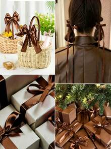 1 Roll Brown Ribbonr Bouquet Packaging Ribbon, 10 Yards Coffee Brown Double-Sided Satin Ribbon, Gift Wrapping Ribbon, For DIY Crafts, Gift Packaging, Wedding Decoration, Bow Making, Wedding Candy Box Packaging, Christmas And Party Decoration - Multicolor - View 4