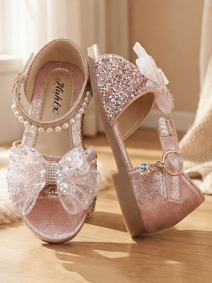 1 Pair Girls Pink Glitter Open Toe Princess Sandals, Rabbit Colorful Beads Mesh Bow + Pearl Back Strap, Adjustable Gold Buckle Back Strap + Rhinestone Pendant, Non-Slip Thin Flat Sole, Lightweight Breathable Summer Party Shoes, Suitable For Toddlers.Young Children Wedding.Performance.Daily Wear