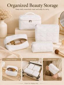 Conjunto Elegante de Bolsa de Maquiagem Branca com Concha, Design Acolchoado Macio Estilo INS, Bolsa Grande de Capacidade Multifuncional com Múltiplos Compartimentos, Bolsa de Armazenamento de Viagem Multifuncional, Bolsa de Armazenamento, Organizador de Cosméticos, Ferramentas de Maquiagem e Outros Itens, Bolsa de Higiene Pessoal, Presente de Feriado, Lembrança - Branco - Visão 4
