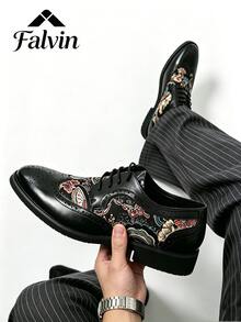 男士時尚正裝鞋，刺繡布洛克商務正裝鞋，復古英倫風，尖頭繫帶低跟休閒鞋，適合全年穿著，橡膠底，舒適，男鞋 - 黑色 - 查看 2