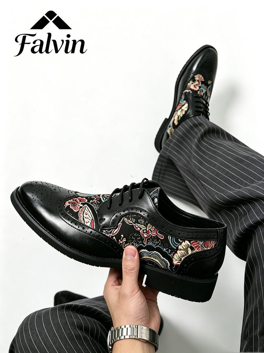男士時尚正裝鞋，刺繡布洛克商務正裝鞋，復古英倫風，尖頭繫帶低跟休閒鞋，適合全年穿著，橡膠底，舒適，男鞋