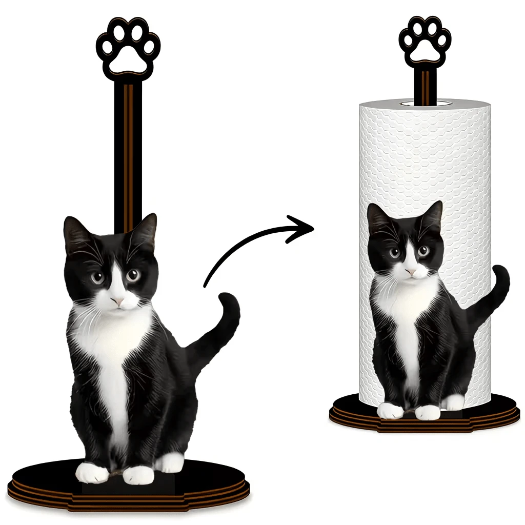 Soporte de papel de cocina de madera con diseño lindo de vaca y gato, diseño vertical estable para el hogar y la cocina, estilo de madera natural con alta estética, instalación sin taladro, soporte de almacenamiento de rollos de papel para decoración de la tienda, sin papel de cocina - Multicolor - Ver 1