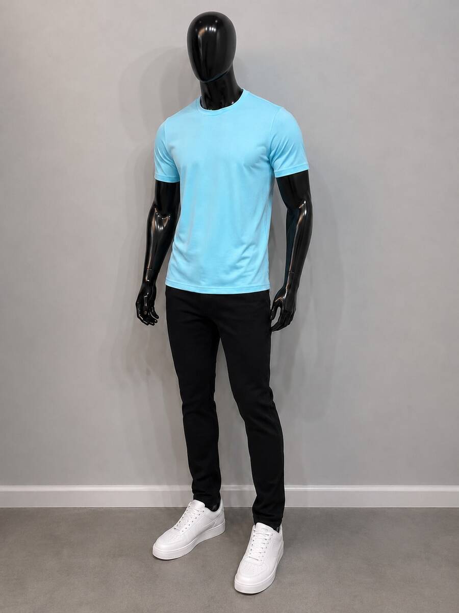 Premium Basic T-Shirts Made Of Peruvian Fabric With Smooth Elastane, Slim Fit And Traditional Design. - 淺藍色 - 查看 1