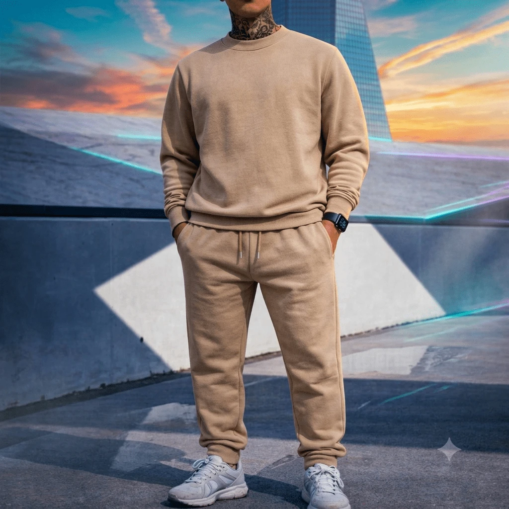 Sweatshirt And Pants Set With Pockets, Winter, Casual, Basic, Unisex, Plain - Beige - View 1