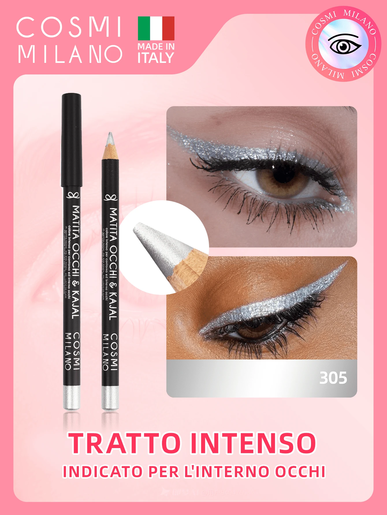 COSMI MILANO Multicolored Kajal Eye Pencil Made In Italy, Creamy Smooth Texture, High Pigmentation, Suitable For Y2k Contouring Natural And Dramatic Effect, Must-Have Essential Make Up Makeup Unmissable Summer Makeup, Perfect For Parties, Meetings, Beach Travel - ARGENTO 305 - 查看 1