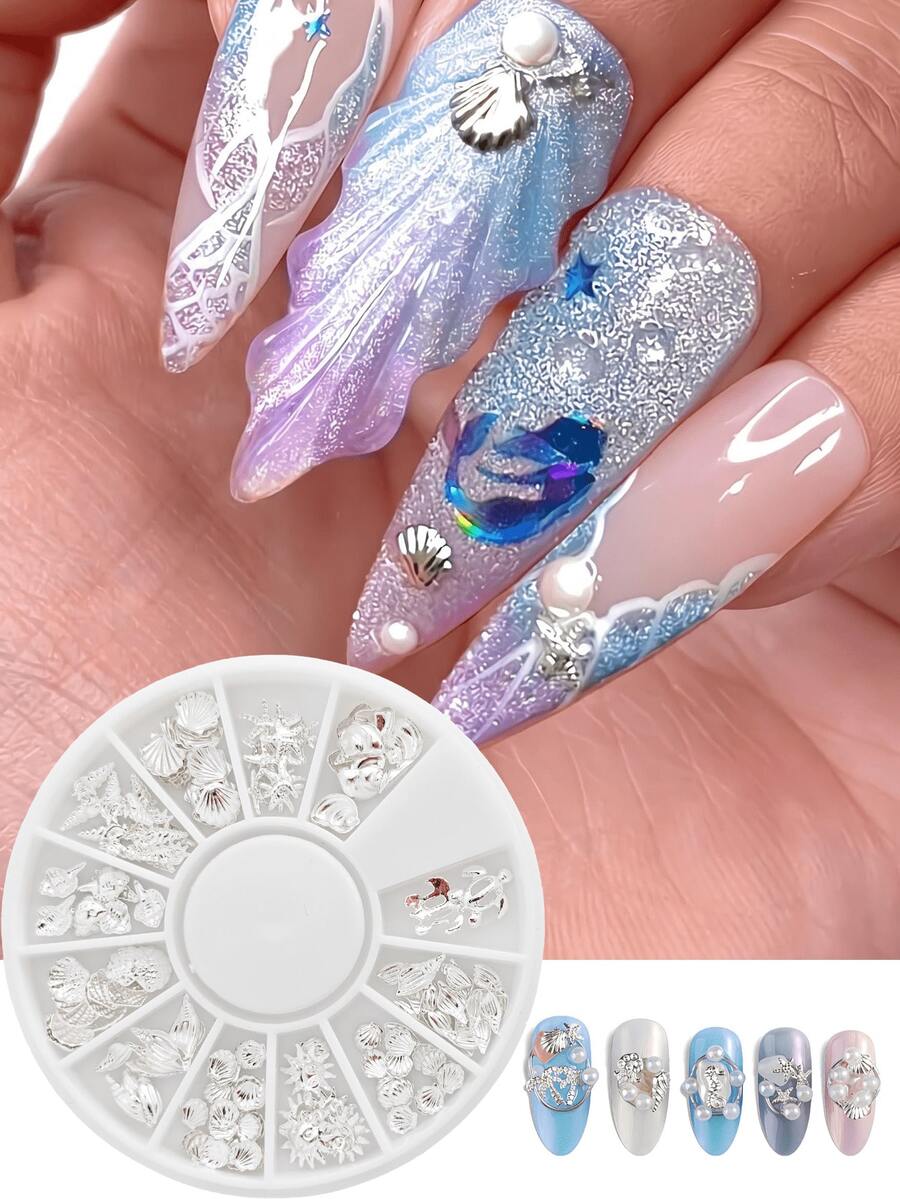 1件裝圓盒裝3D金銀色美甲飾品,金銀色海灘海星貝殼美甲鉚釘,合金3D美甲寶石金屬珠寶裝飾,適用美甲DIY美甲配件(12款-海洋) - 銀色 - 查看 1