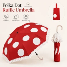 1pc Aesthetic Ruffle Edge Umbrella Polka Dot Fashion Compact Folding Umbrella Lightweight Windproof UV Rain Umbrella Cute Gift For Women Girls Daily Use Travel Must Have - Polka Dot Lace Umbrella - View 1