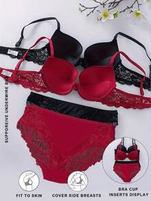2pcs/Set Pakaian Dalam Wanita Nyaman - Bra Push-Up Jacquard Renda Mewah, Penopang Tinggi, Kain Lembut & Bernapas, Kenyamanan Maksimal - MultiWarna - View 1