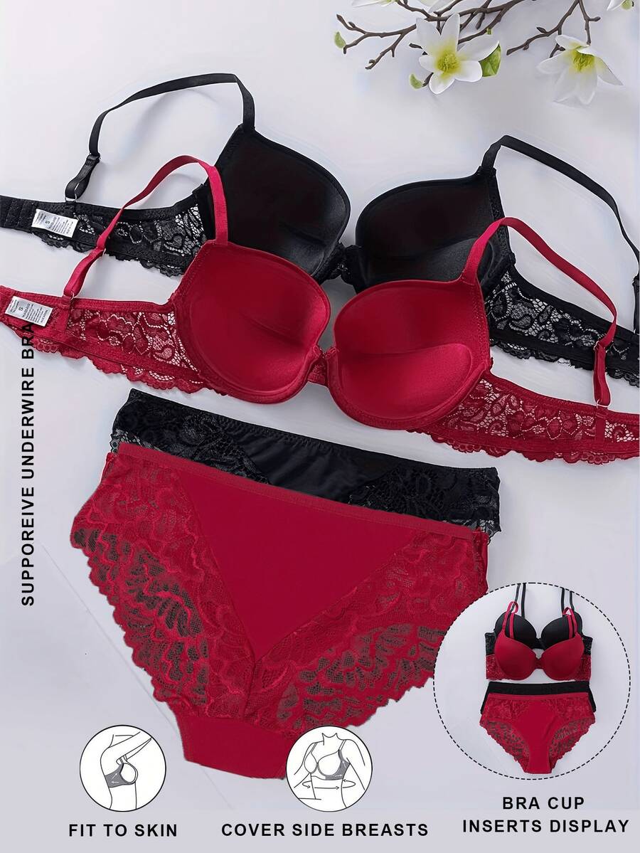2pcs/Set Pakaian Dalam Wanita Nyaman - Bra Push-Up Jacquard Renda Mewah, Penopang Tinggi, Kain Lembut & Bernapas, Kenyamanan Maksimal - MultiWarna - View 1