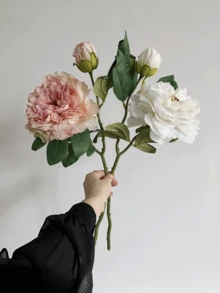 1pc Artificial Peony Flower With Buds And Green Leaves, Realistic Faux Peony, Artificial Flower, Fake Flower, Suitable For Home Decor, Room Decor, Bedroom Decor, Wedding Decor, Tabletop Decor, Indoor And Outdoor Decor, Autumn Decor, Halloween Decor - Multicolor - View 2