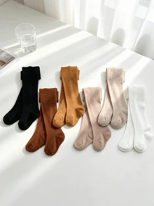 6 Pairs Girls Solid Color Knitted Tights, Soft Breathable Earth Tone Full Foot Leggings, High Elasticity All-Match Style Tights For Kids, Versatile Princess Dress Underwear For Spring And Autumn - Multicolor - View 11