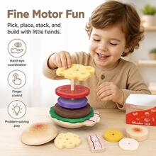 Wooden Educational Toy For Kids, Single Hamburger Set For Pretend Play, Interactive Wooden Toy For Parent-Child Interaction, Wooden Simulation Hamburger And Fries Combo Role Play Pretend Play Educational Toy - Multicolor - View 8