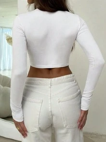 女款秋季純色圓領長袖短版修身T恤 - 白 - 查看 2