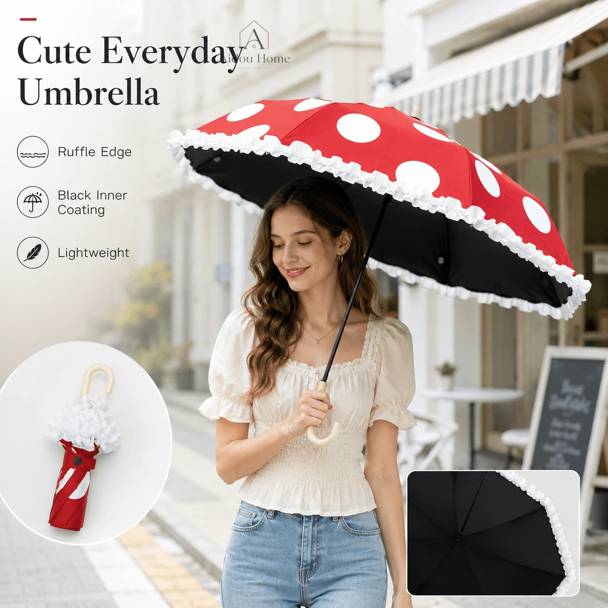 1 Peça Guarda-chuva Compacto Dobrável com Borda Franzida Estética, Estampa de Bolinhas, Leve, à Prova de Vento, Proteção UV e Chuva, Presente Fofo para Mulheres e Meninas, Uso Diário, Item Essencial para Viagem - Guarda-chuva de renda com bolinhas - Visão 1