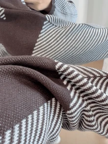 BuyK [Tops]Women's Contrast Colorblock Striped Knit Sweater Raglan Sleeve Pullover Top Fall Winter Casual Loose Fit Knitwear - Coffee Brown - View 6