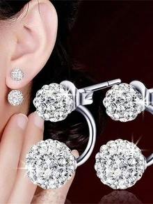 2件組 Shamballa 全水鑽球形耳釘式耳環 雙倍閃耀鑽石耳環 適合女性日常配戴 - 銀色 - 查看 2