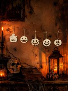 5pcs Triple Ghost Hollow Hanging Flag Garland, Halloween Autumn Harvest Thanksgiving Horror Farmhouse Country Style, Fireplace Window Front Door Wall Party Eerie Autumn Holiday Porch Living Room Indoor Seasonal Decor Hanging Ornament Gift - Multicolor 3 - View 10