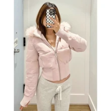 Women's Pink Quilted Padded Coat With Hood And Faux Fur Trim, Ribbed Knit Cuffs And Hem, Full Zip Closure, Winter Outfit Essential - Pink - View 9
