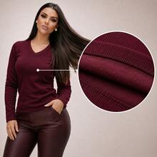 Women's Ribbed Knit V-Neck Long Sleeve Plush Blouse Casual Elegant Chic Comfortable Warm Autumn Winter 2026 Fashion  Bordeaux - 邊緣 - 查看 1