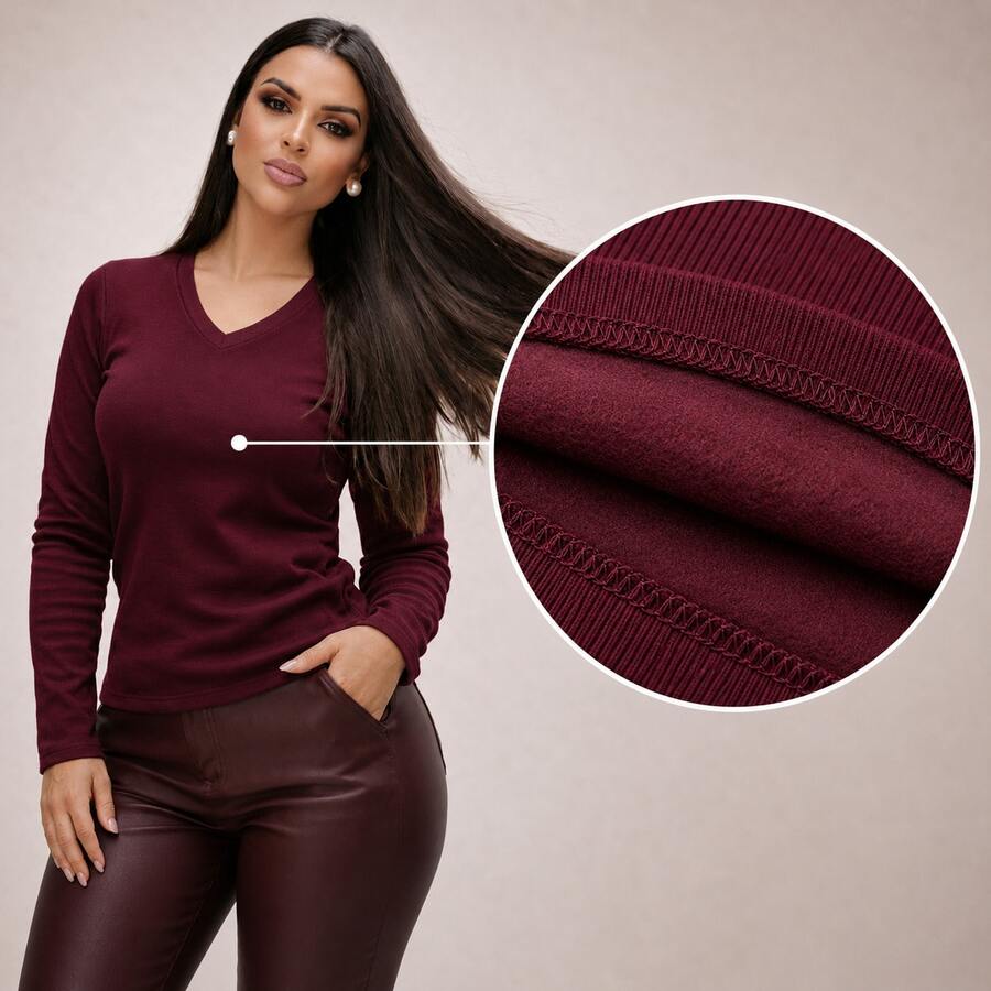 Women's Ribbed Knit V-Neck Long Sleeve Plush Blouse Casual Elegant Chic Comfortable Warm Autumn Winter 2026 Fashion Bordeaux - 邊緣 - 查看 1