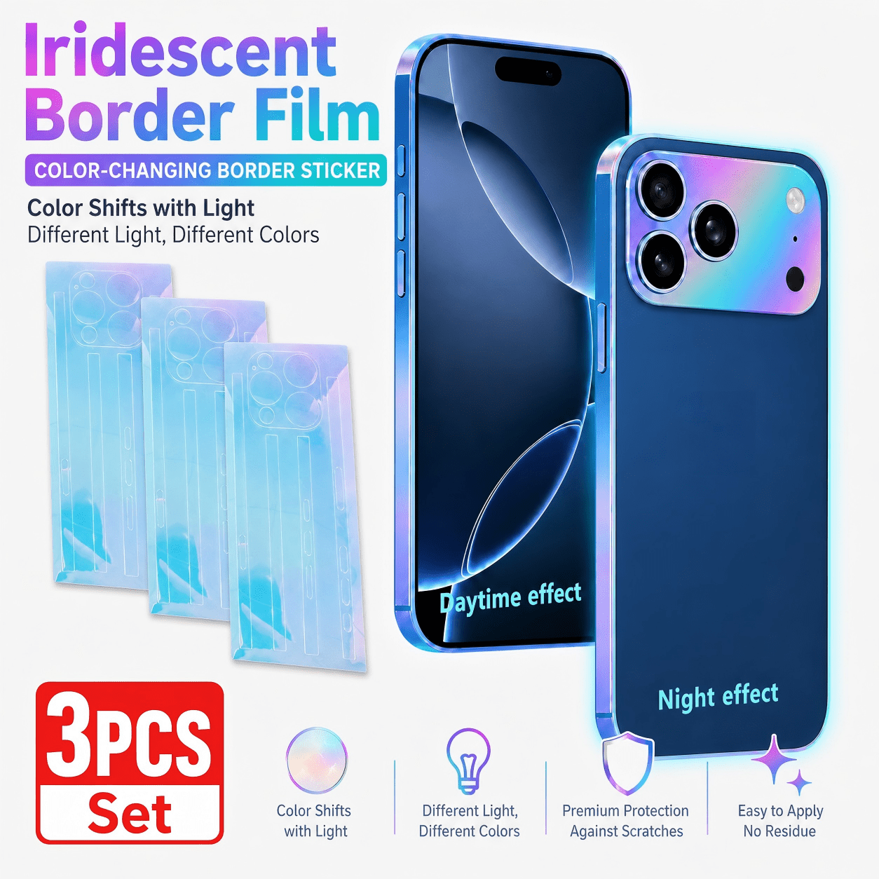 Yezodawee 3pcs Chameleon Color-Changing Phone Frame Stickers, Holographic Edge Protection Film, Scratch-Resistant Residue-Free Side Wrap Decals, Compatible With 17/16/15/14/13/12/11 Series Pro Max/Pro/Plus/Air/E, UV-Activated Fluorescent Edge Trim, Fade-Resistant Peel-Resistant Adhesive, Suitable For Nightclubs, Parties And EDM Events - Multicolor - View 25