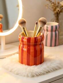 1pc INS Style Hand-Painted Dual-Color Striped Ceramic Storage Tube, Makeup Organizer, Makeup Brush Holder, Eyebrow Pencil Eyeliner Lipstick Storage, Desktop Decor Ornament, Holiday Gift For Family And Friends - Multicolor - View 4