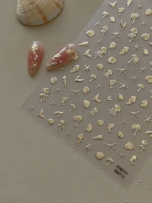 1張金屬金色美甲貼紙，3D浮雕海洋生物與貝殼設計，優雅海洋風美甲飾品 - 彩色 - 查看 3