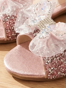 Girls Pink Gold Rhinestone Mesh Bow Princess Sandals, Pearl Decor Open Toe Non-Slip Chunky Heel Flat Shoes For School, Party, Birthday, Performance - Pink - View 7
