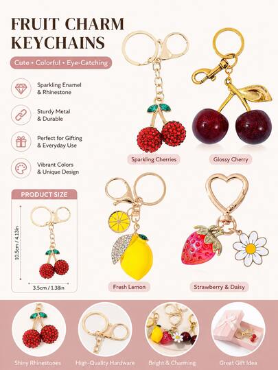 4Pcs Cute Fruit Themed Keychains Set Rhinestone Cherry Lemon Strawberry Bag Charms Key Rings Aesthetic Sweet Decor Pendant Gift For Women Girls