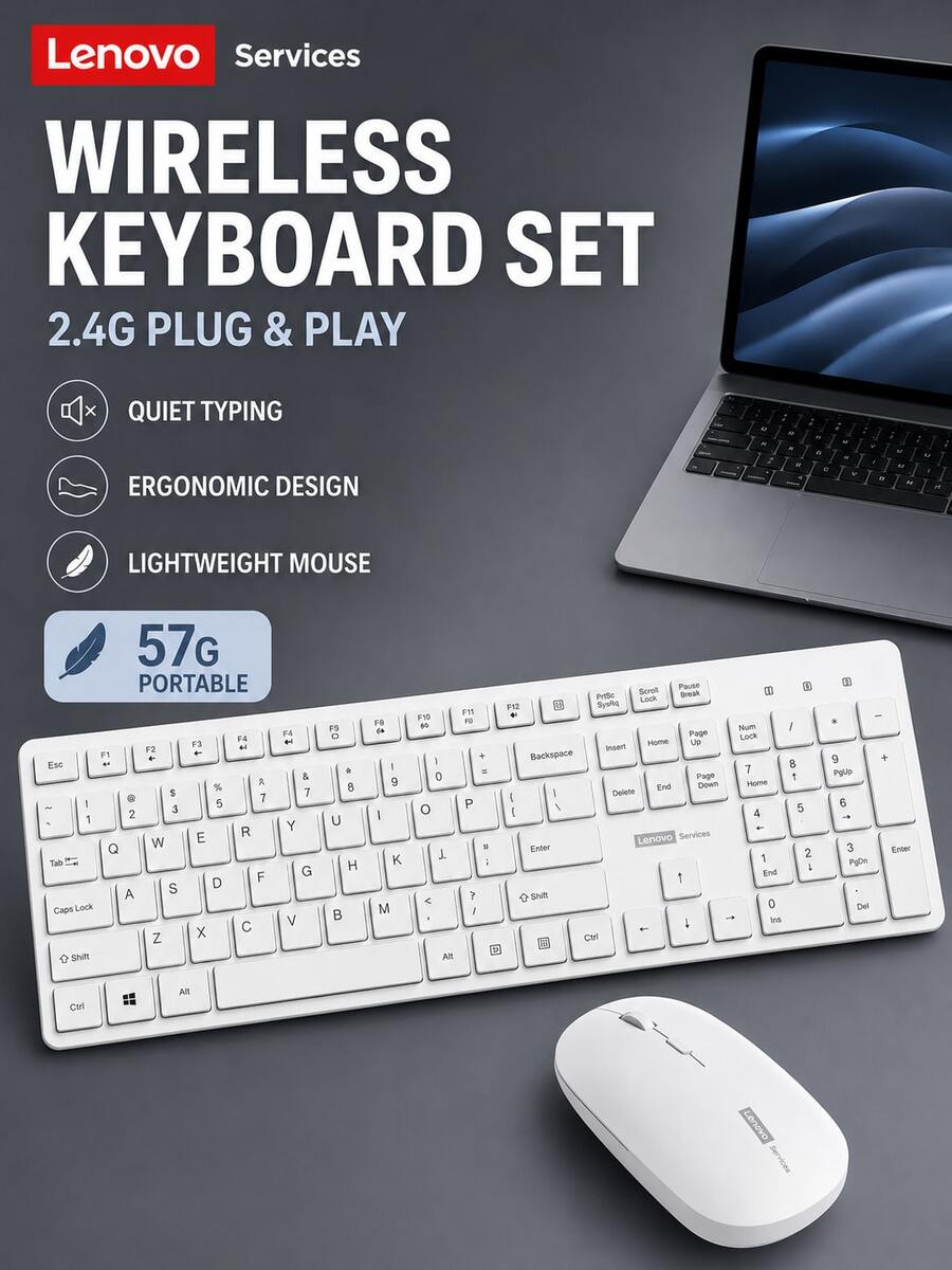 Lenovo 2.4G无线键盘鼠标套装，105键，纤薄简约时尚设计，适用于商务办公、家庭、笔记本电脑、平板电脑等。