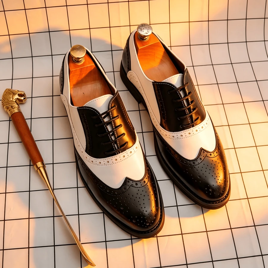 Men's British Black & White Colorblock Oxford Dress Shoes, Brogue Carved Lace-Up Pointed Toe Single Monk Strap, Suitable For Daily Business Commute, Wedding Groom & Groomsman Outfit, Wedding Photo Shoot, Classic Versatile Youth Men's Suit Matching Simple Casual Formal PU Leather Shoes