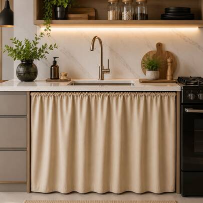Cortina para Pia de Cozinha Bege Cinza Balcão Bancada Decoração Organização PVC