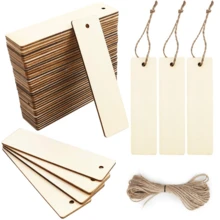 10/20/40/60pcs Wooden Blank Bookmarks, DIY Handmade Rectangular Wooden Tags With Rope, Suitable For Wedding, Birthday Party Decoration, Rustic Style Holiday Bookmarks - A - View 1